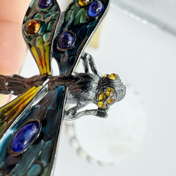 Erwin Pearl Colorful Dragonfly Brooch Enamel Gripoix Style Blue Green Insect Big - Picture 8 of 15